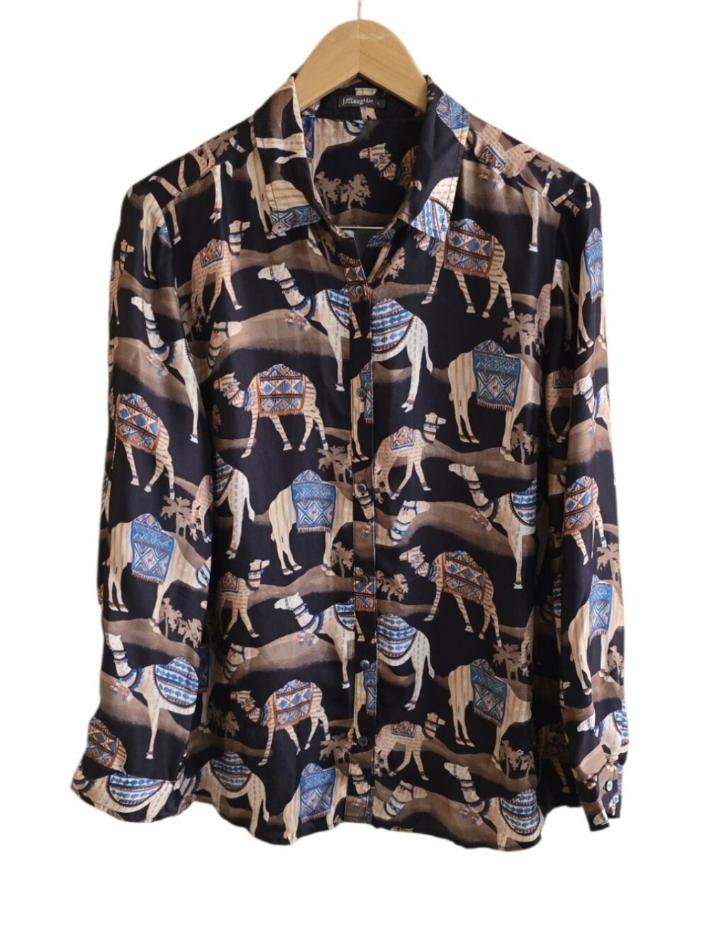 J McLaughlin Darcy Silk Blend Camel Print Long Sleeve Button Down Blouse. Large